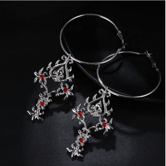 Crystal Cross Hoop Earrings Silver Tone - Picture 2 of 3